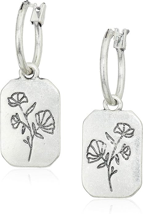 Lucky Brand Silver-Tone Flower Rectangle Charm Hoop Earrings | Amazon (US)