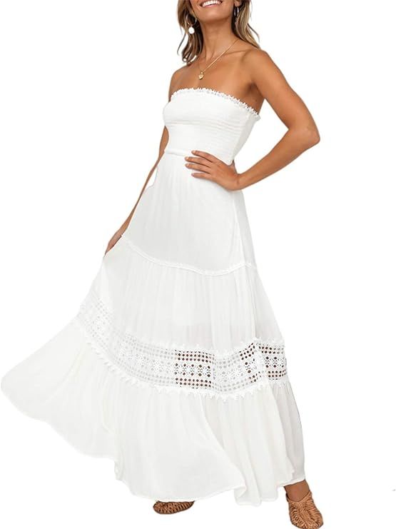 Lenmotte Women's Tube Top Strapless Boho Maxi Dress Summer Flowy Cotton Embroidery Long Dress | Amazon (US)