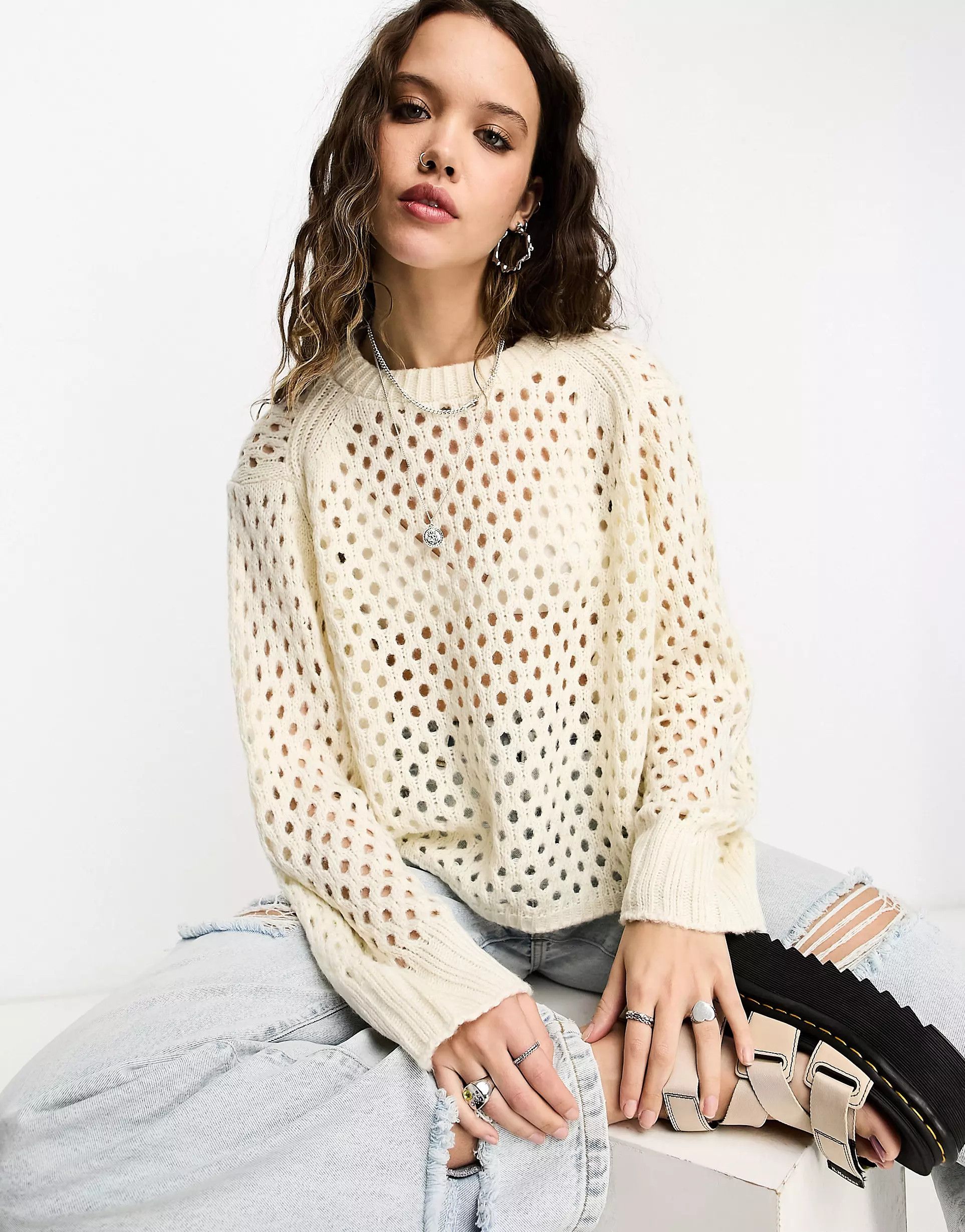 ASOS DESIGN sweater in open stitch in cream | ASOS (Global)