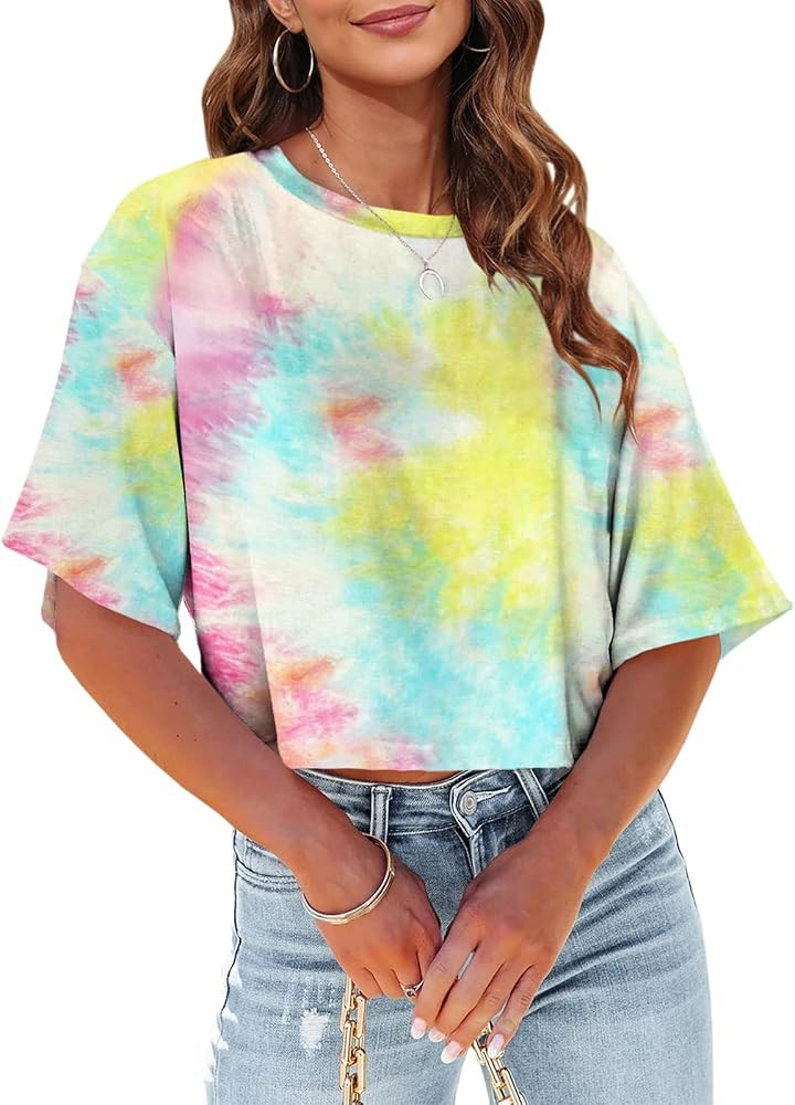 Tankaneo Women Half Sleeve Cropped T-Shirts Drop Shoulder Round Neck Crop Tops Casual Summer Soli... | Amazon (US)