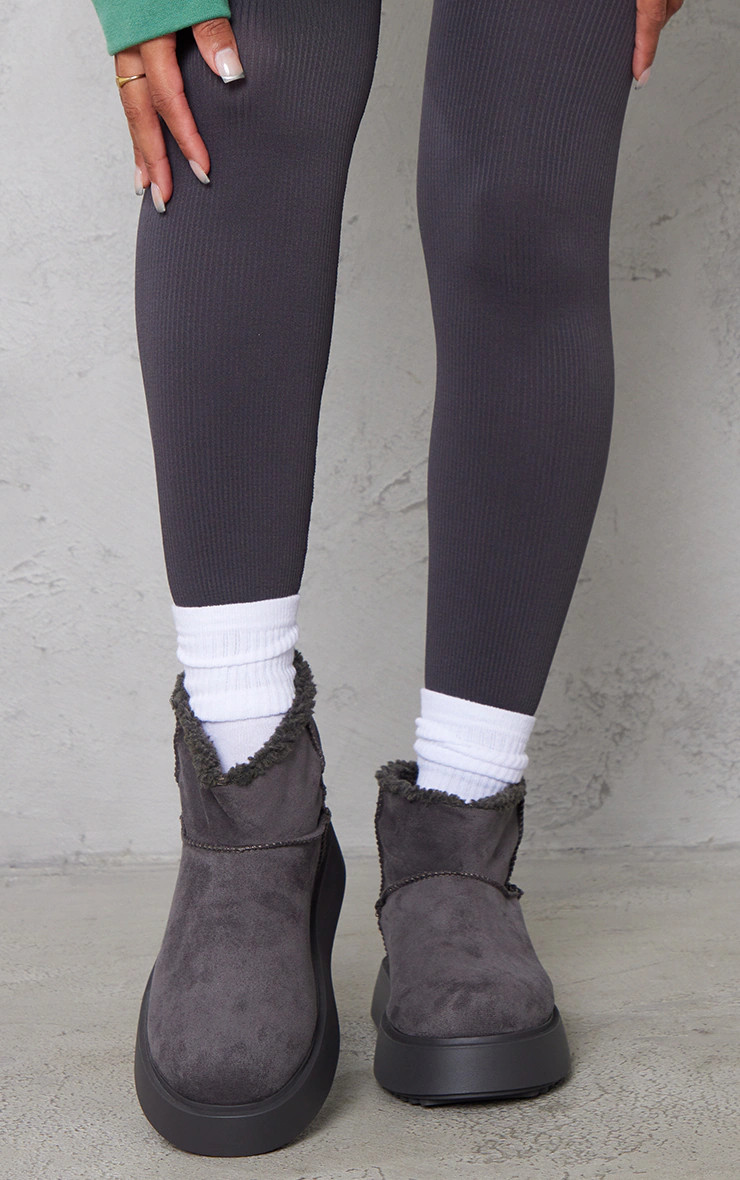 Grey Faux Suede Round Toe Thick Flat Sole Ankle Boots | PrettyLittleThing US