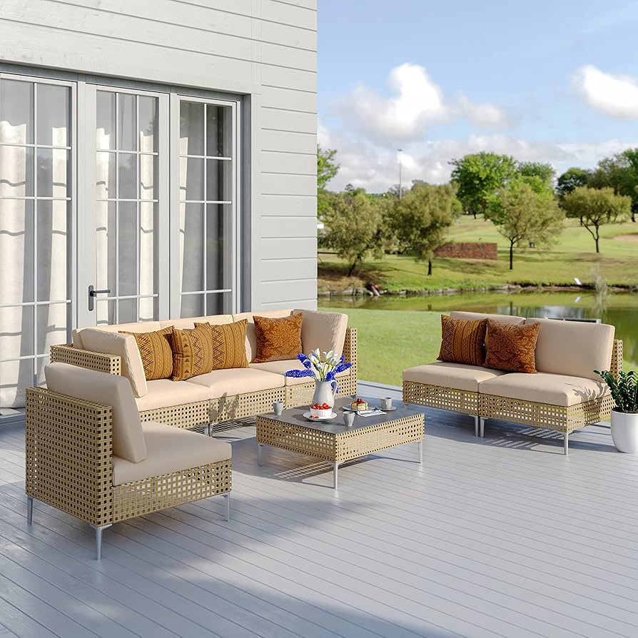 Grand patio 7 Pieces Wicker Patio Furniture Set, All Weather Outdoor Sectional Sofa with Beige Th... | Amazon (US)