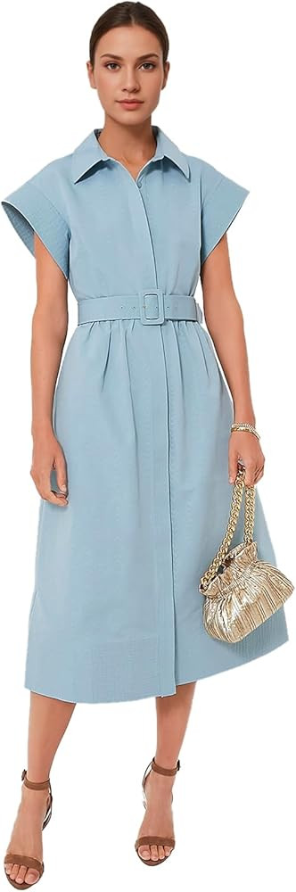 Jenkoon Women's Turn Down Collar Shirt Dress with Belt Short Sleeve Shell Trench Coat Formal Dres... | Amazon (US)