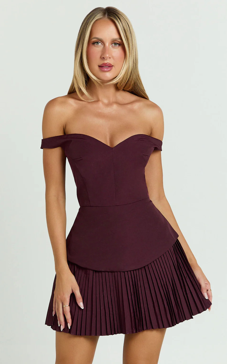 Izara Mini Dress - Off Shoulder Pleated Dress in Wine | Showpo (US, UK & Europe)