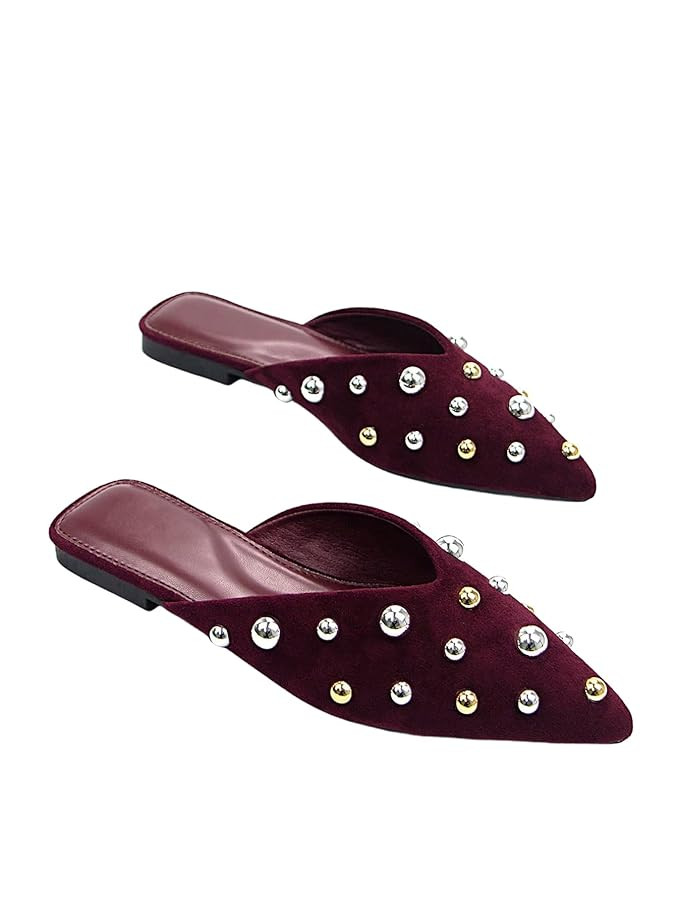 Mules for Women Pointed Toe Shoes Studded Mules Slip on Faux Leather Flat Sandals Dressy Shoes | Amazon (US)