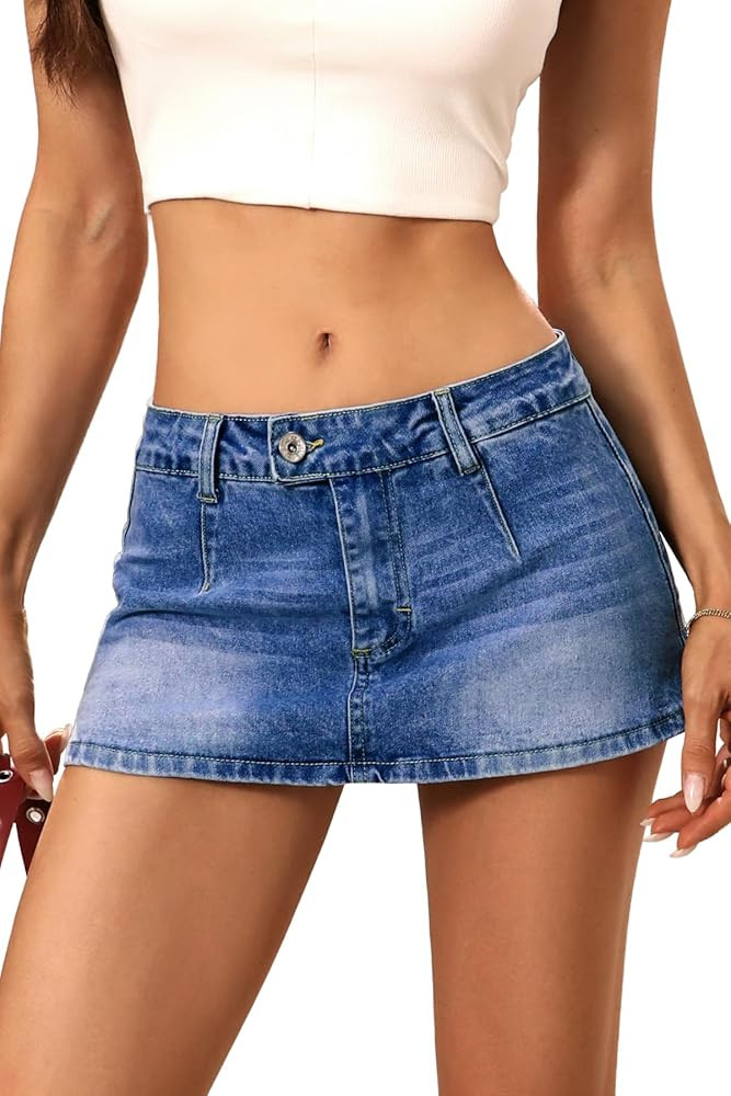 ELLEVEN Low Rise Denim Mini Skirt for Women, High Stretch Jean Skirt with Shorts Underneath Y2k M... | Amazon (US)