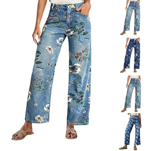 Straight Leg Floral Jeans for Women Print Baggy High Waisted Boyfriend Jeans Trendy Summer Streetwear Denim Floral Pants Embellished Flower Embroidered Jean with Pockets Stretchy Y2k Barrel Jean | Amazon (US)
