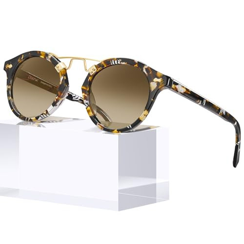 CARFIA Small Face Acetate Polarized Sunglasses for Women UV Protection, Retro Double Bridge Eyewear Metal Brow Round Sunnies | Amazon (US)