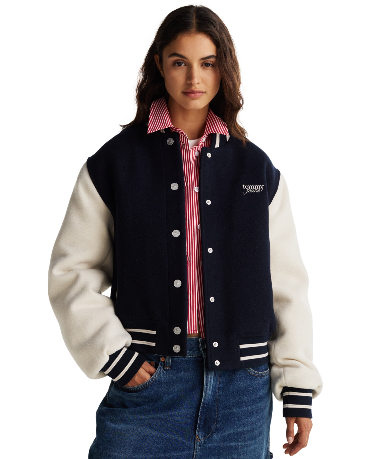 Tommy Jeans Women's Striped-Trim Colorblocked Varsity Jacket - Dark Night Navy | Macy's