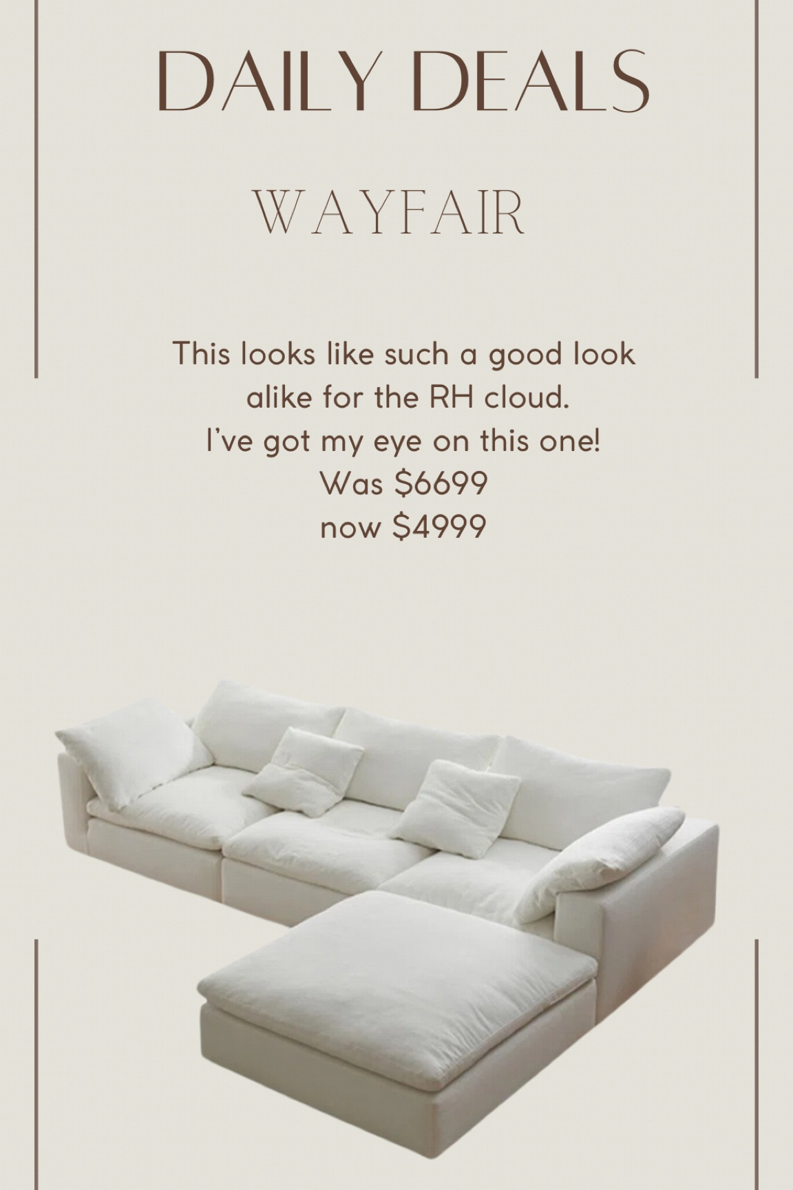 I’m furniture shopping & came across this beauty! It looks so much like the RH cloud, but for a fraction of the price! 

#LTKhome #LTKfamily