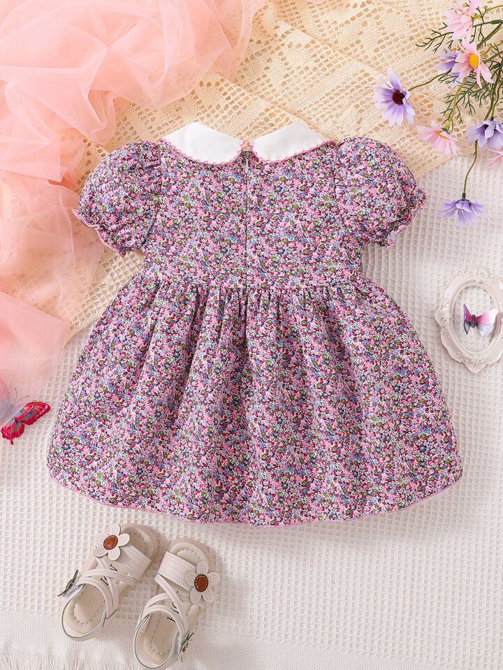 Baby Girl Ditsy Floral Print Peter Pan Collar Puff Sleeve Dress | SHEIN
