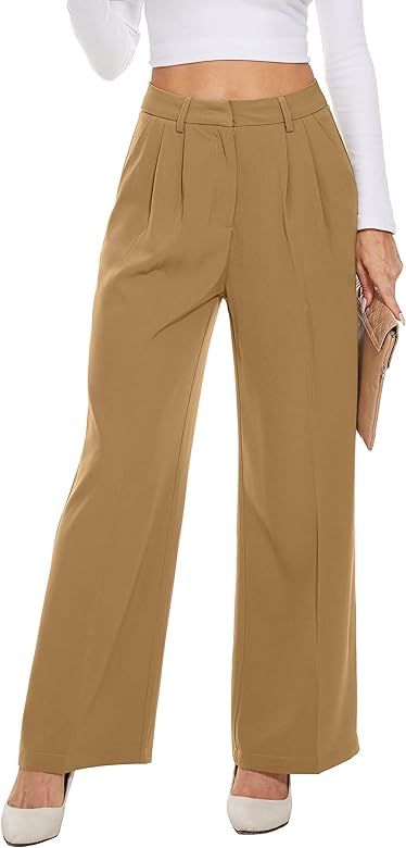 FUNYYZO Women's Wide Leg Work Pants High Waist Long Straight Trousers Causal Pants with Pocket | Amazon (US)