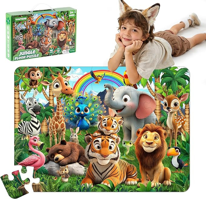 Floor Puzzles for Kids Ages 3-5, Jungle Animals Puzzles for Toddler Ages 4-6, 46 Pieces Jumbo Puz... | Amazon (US)