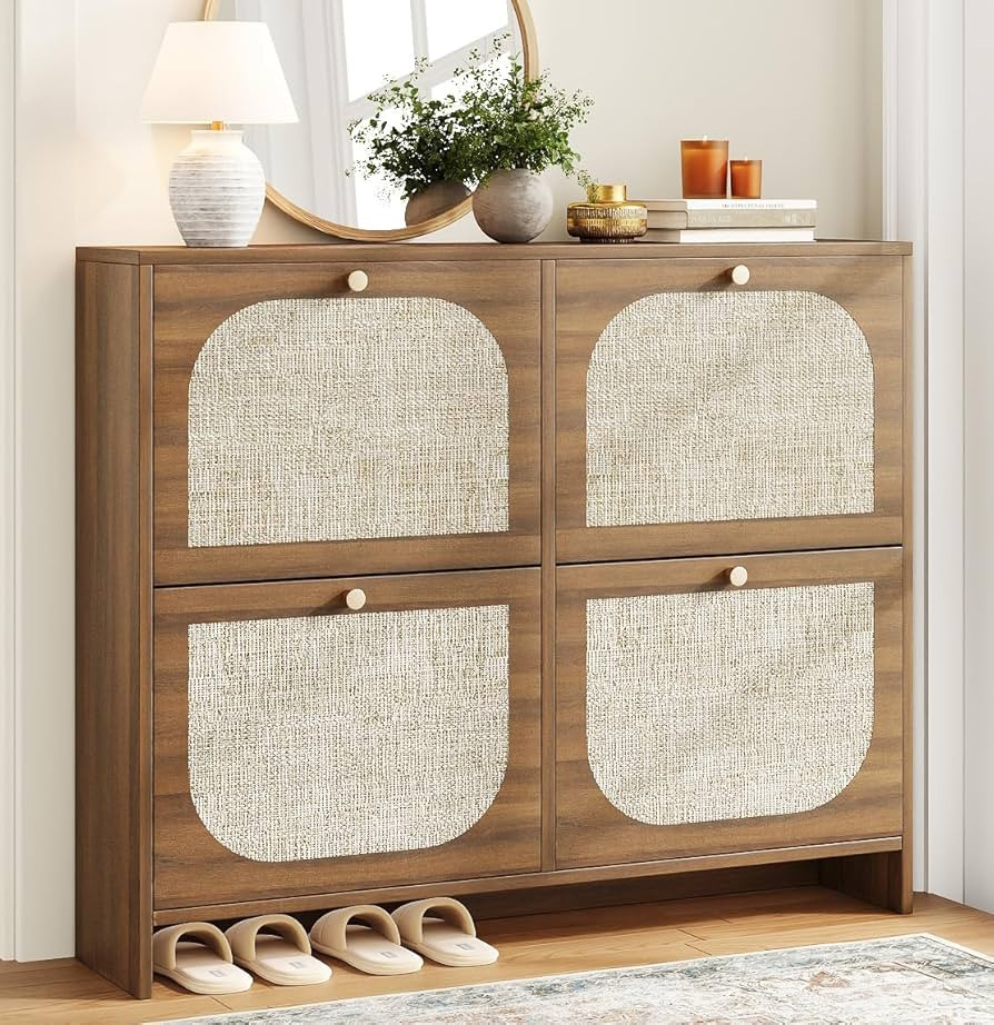 Nicetree Freestanding Arched Rattan Accent Ultra Slim Shoe Cabinet for Entryway - 4 Flip Drawers ... | Amazon (US)