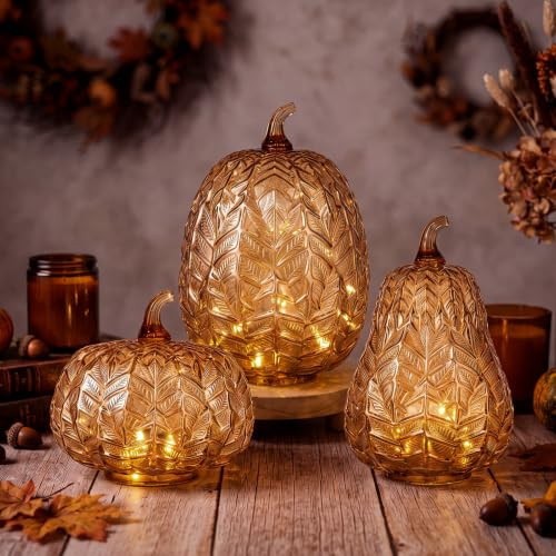 Anglechic 3 Pcs Light up Glass Pumpkins Fall Thanksgiving Table Decor | Amazon (US)
