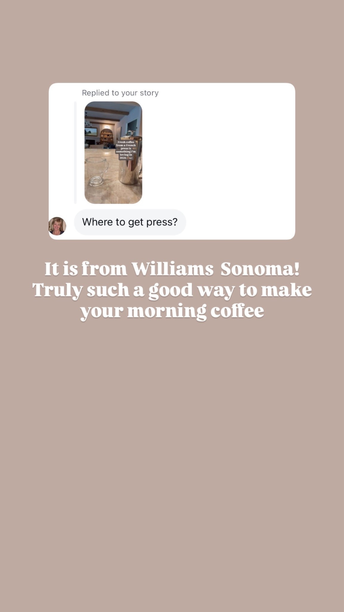 I’ve been loving using my French press in the mornings! It makes the coffee taste so fresh! 

Loverly Grey, French press, coffee essentials, Williams Sonoma finds 

#LTKfoodie #LTKHome #LTKmorningroutine