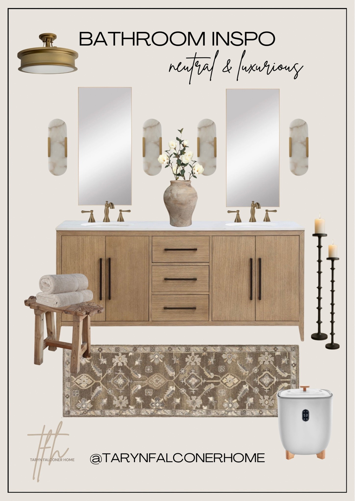 Neutral & luxurious bathroom finds🤎

#bathroom #vanity #mirror #faucet #stool #towelwarmer #sconces #candleholders #brass￼

#LTKhome