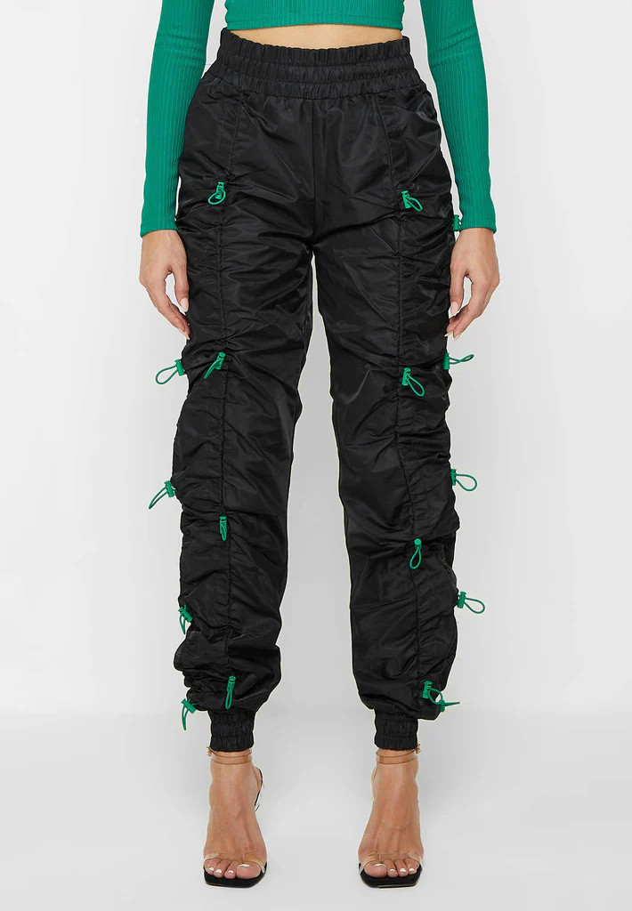 Nylon Bungee Ruched Cargo Pants - Black/Green | Maniere De Voir
