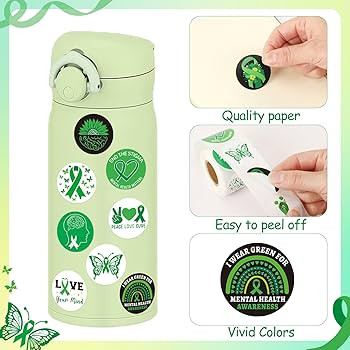 FEBSNOW Mental Health Awareness Stickers, 600Pcs Green Ribbon Awareness Sticker 2 Roll Self Adhes... | Amazon (US)
