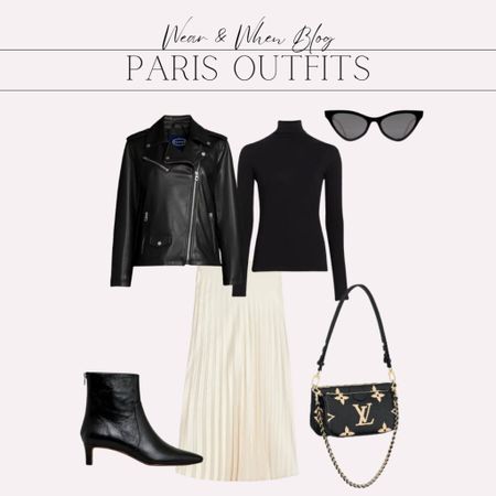 Paris outfit idea / fall outfit idea 
Leather jacket
Black sweater
Ivory pleated midi skirt
Black booties 

#LTKSeasonal #LTKunder100 #LTKstyletip