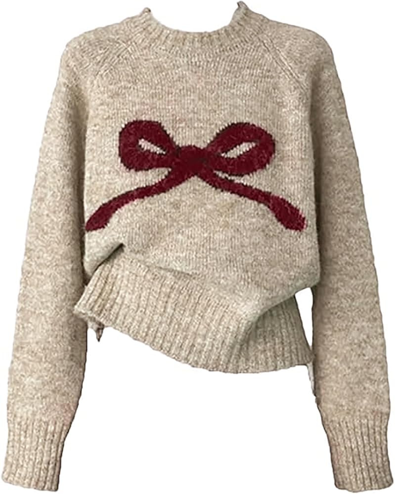 Cute Bow Sweater Women, Chunky Knit Crew Neck Long Sleeve Knit Top, Soft Christmas and Preppy Swe... | Amazon (US)