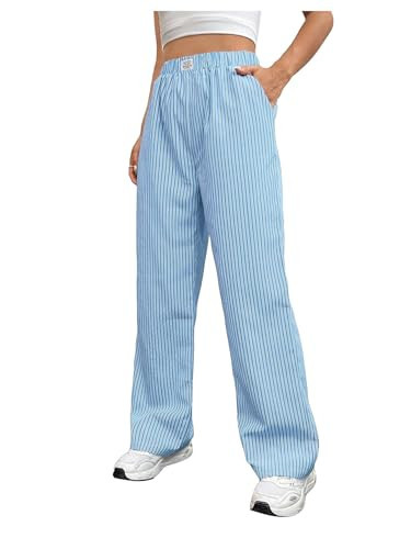 OYOANGLE Women's Straight Wide Leg Trousers Striped Print Letter Patched Detail High Waist Y2K Fashion Pants Light Blue X-Large | Amazon (US)