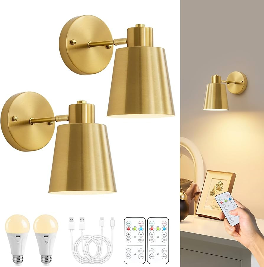 Gold Battery Operated Wall Sconces Set of Two with Remote, Rechargeable Battery Powered Wall Ligh... | Amazon (US)