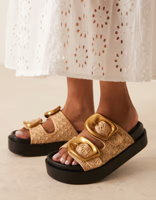 ASOS DESIGN Femi oversized buckle footbed mules in natural | ASOS (Global)