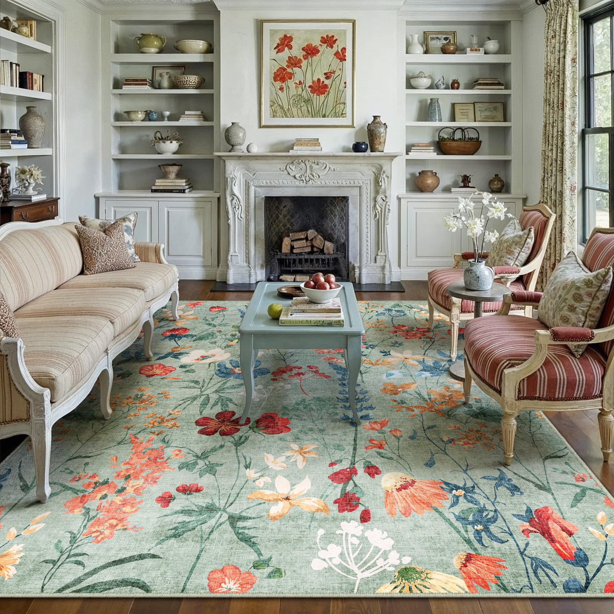 Green Area Rug 8x10 Floral Washable Living Room Kitchen Boho Carpet Non Slip Low Pile Indoor Acce... | Amazon (US)