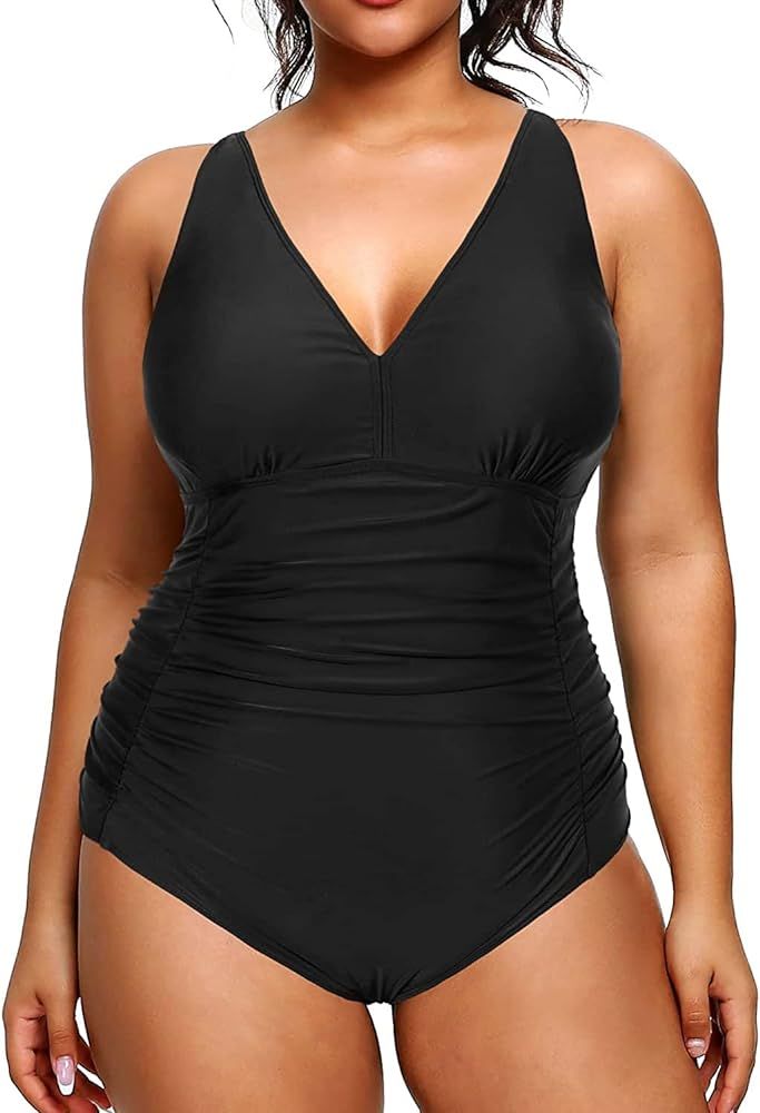 Aqua Eve Women Plus Size One Piece Swimsuits V Neck Tummy Control Bathing Suits Retro Ruched Swim... | Amazon (US)