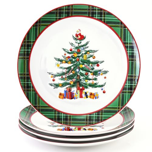 Homlouue Ceramic Christmas Tree Dinner Plates, Christmas Plates Set of 4, Ceramic Tree Plates, Dinner, Dessert, Salad, Pasta and Appetizer Plate, Santa Plate, Green Plaid, 10.5'' | Amazon (US)