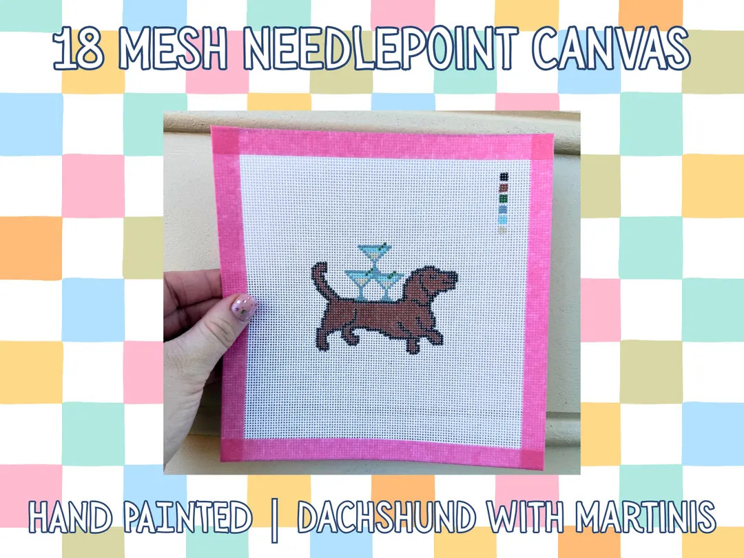 Dachshund with Martinis Needlepoint Canvas | Preppy Canvas Pattern | Hand Painted | 18 Mesh | Etsy (US)