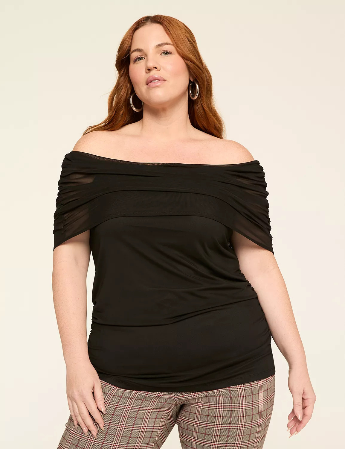 Off-The-Shoulder Side Ruched Mesh Top | Lane Bryant (US)