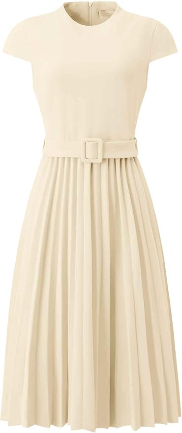 Women's Pleated Dress Mock Neck Cap Sleeve Belted A-Line Dresses | Amazon (US)