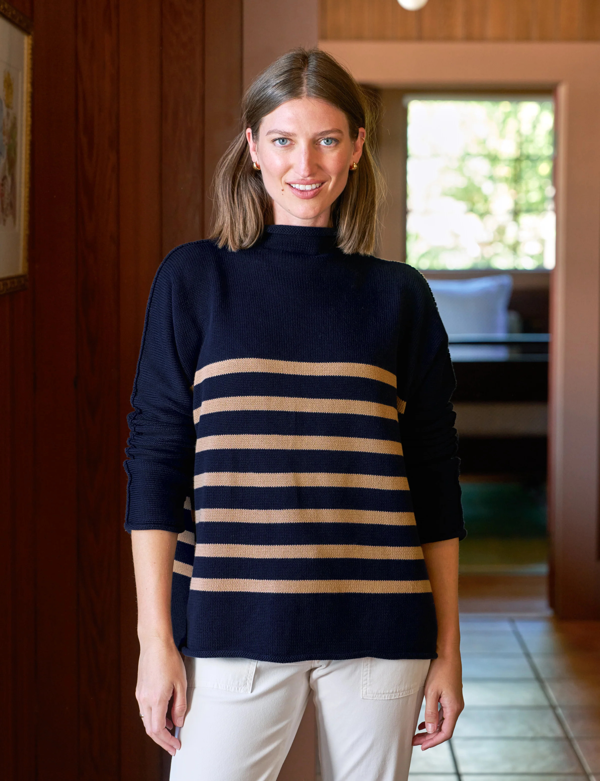 MONTEREY Navy with Camel Stripe, Pure Italian Cotton | Frank & Eileen