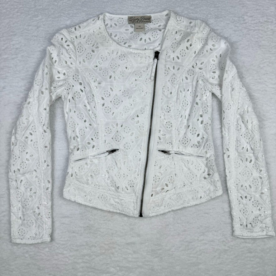 Lucky Brand Moto Jacket Womens XS White Eyelet Zip Front Spring Summer | eBay US