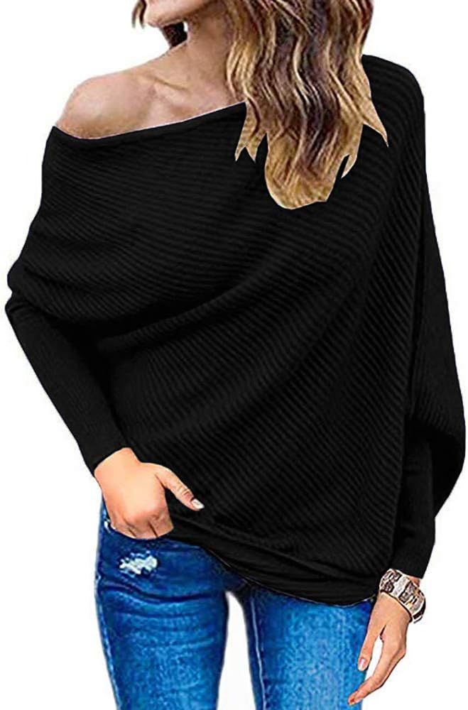 Qearal Womens Off Shoulder Loose Pullover Sweater Batwing Sleeve Knit Jumper Oversized Tunic Tops | Amazon (US)