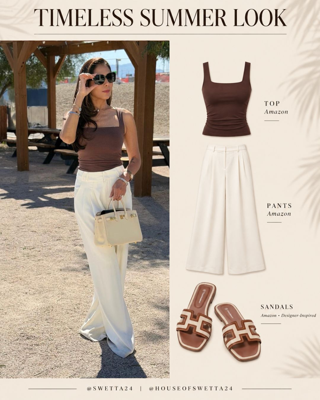 TIMELESS SUMMER 🤎 Keeping it effortless with a chocolate-brown top, flowing ivory trousers, Hermès bag, and the perfect Amazon H-detail sandals. A simple, polished look that works beautifully for sunny days, lunch dates, and summer getaways. ✨ 

 #LTKvlog #LTKSeasonal #LTKTravel