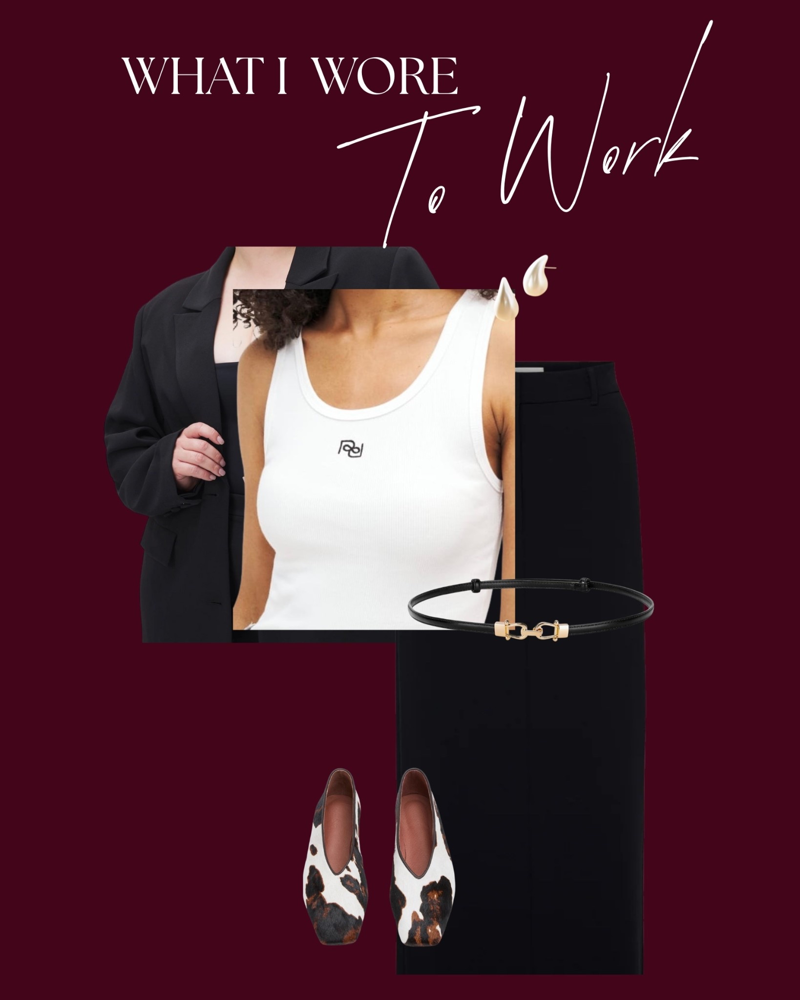 All black “suit” with Good American blazer, Oak+Fort tailored skirt paired with a script Reformation tank and cow print flats for a pop of interest. Continuing to tailor the fit with a simple gold and black belt and finished with pearl teardrop earrings from Anthropologie. 

#LTKWorkwear #LTKMidsize #LTKootd