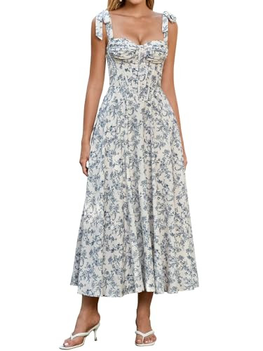 Amazon.com: Parthea Summer Floral Corset Midi Dress A Line Tie Bow Straps Wedding Guest Dresses f... | Amazon (US)