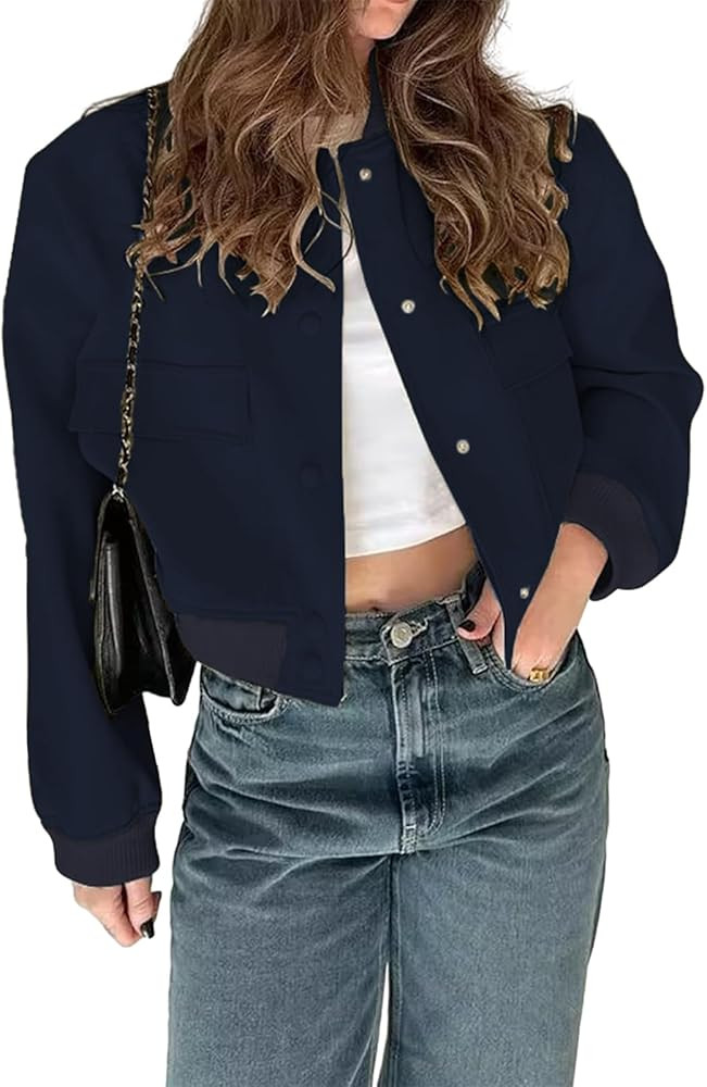 imbpceu Women Bomber Jacket Casual Long Sleeve Button Down Varsity Jackets with Pockets | Amazon (US)