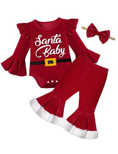 Oranchids My First Christmas Baby Girl Outfit Ruffle Long Sleeve Santa Baby Romper Bell Bottoms Baby Girl Christmas Outfit 6-9 Months Christmas Outfit Baby Girl 3Pcs | Amazon (US)