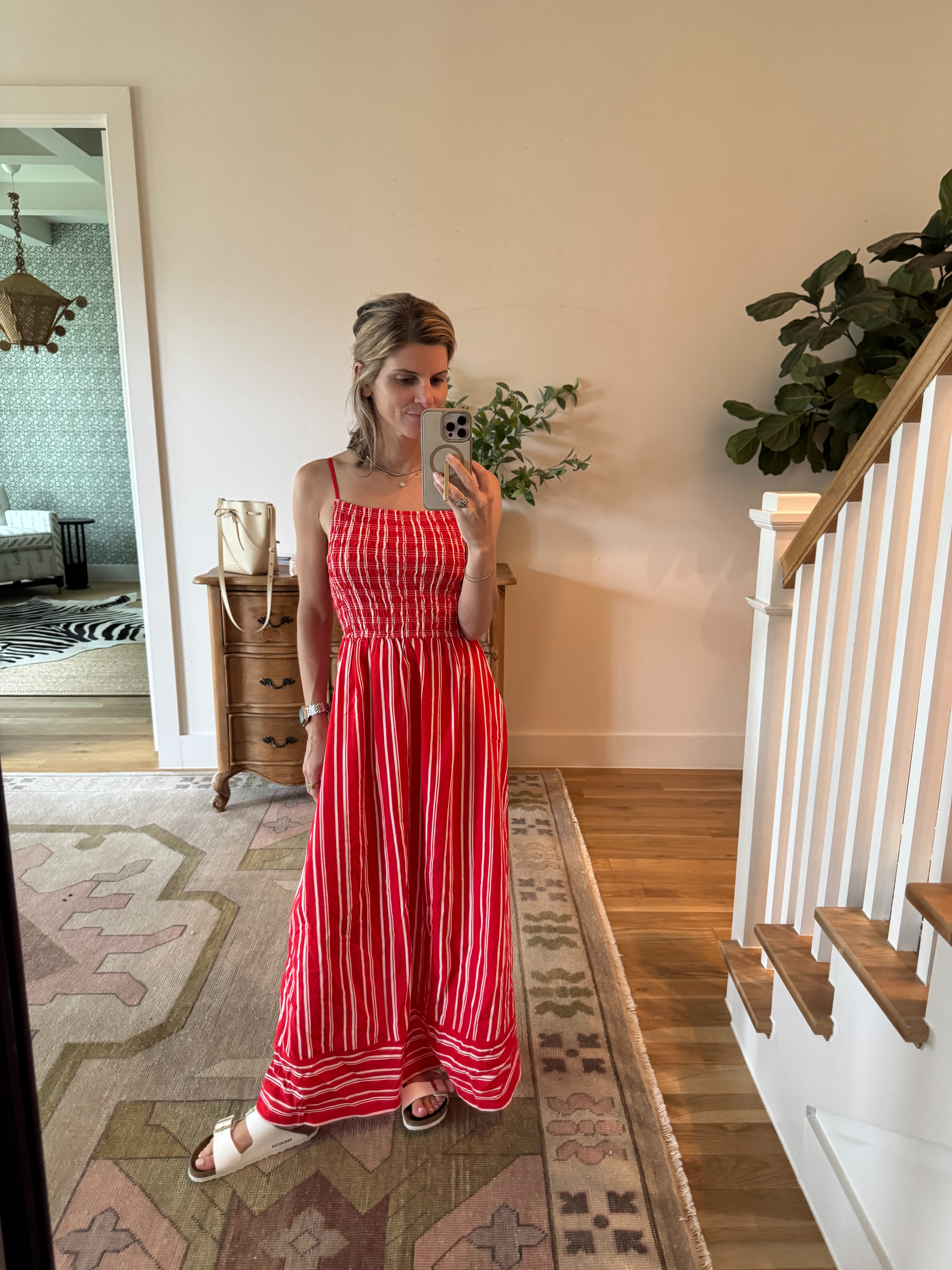 Red and White smocked maxi dress. Would be perfect for the 4th! wearing XS 

 