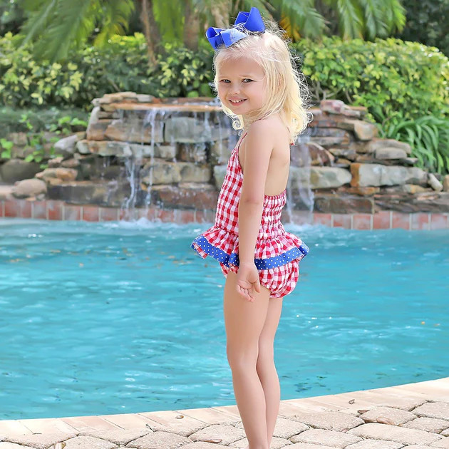 One Piece Peplum Swimsuit Red Seersucker Check | Classic Whimsy