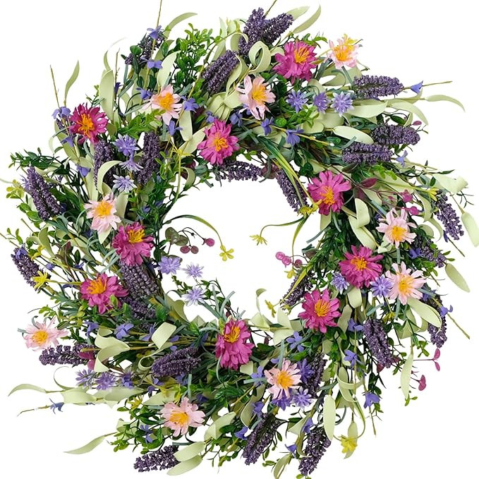 22 Inch Spring Summer Flower Wreaths for Front Door, Artificial Colorful Floral Door Wreaths with... | Amazon (US)