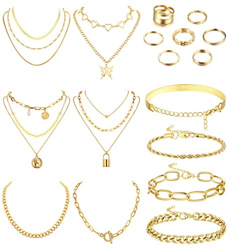 Sanfenly Gold Jewelry Sets for Women Gold Layered Necklaces Chunky Bracelets Knuckle Rings Set Costume Accessories Jewelry | Amazon (US)