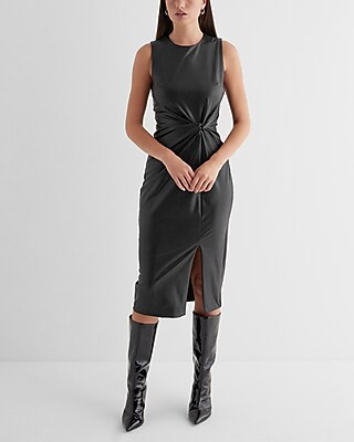 Body Contour Faux Leather Twist Front Midi Sheath Dress | Express
