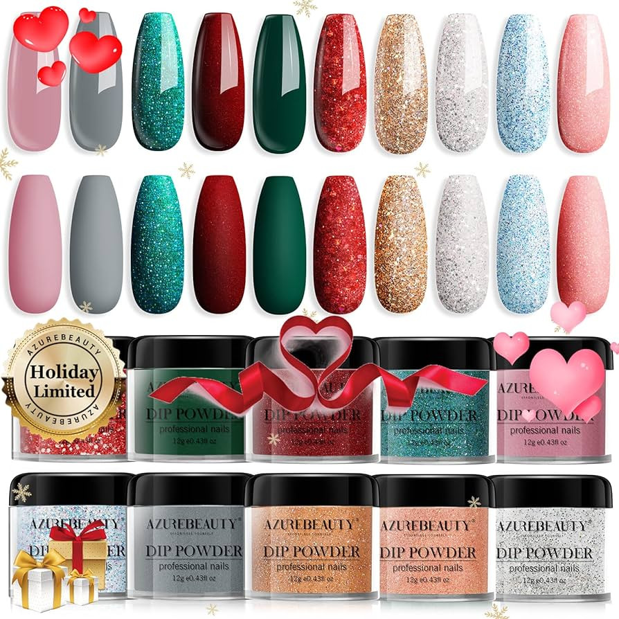 Dip Powder Nail Set, AZUREBEAUTY Holiday Series 10 Colors Red Green Gold Glitter Dipping Powder S... | Amazon (US)