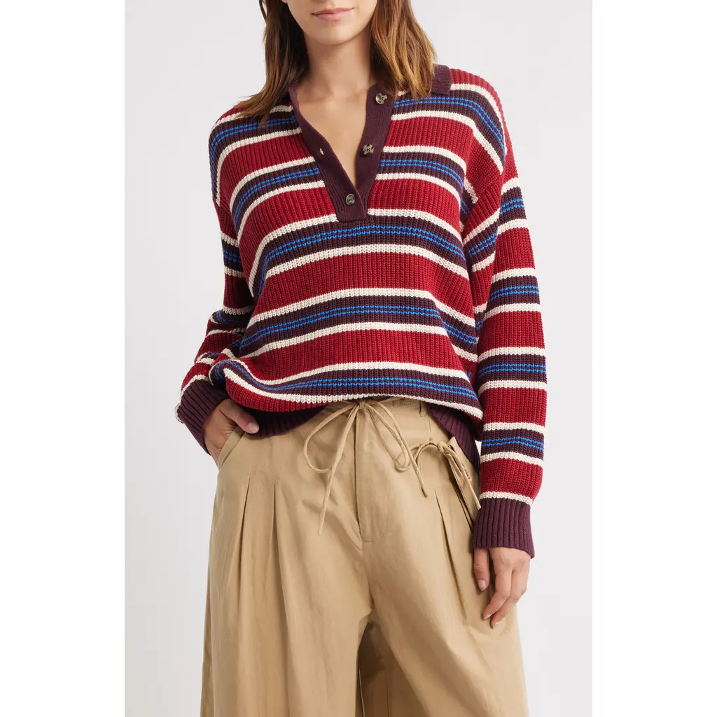 Damson Madder Ilona Stripe Organic Cotton Sweater in Burgundy at Nordstrom, Size 6 Us | Nordstrom