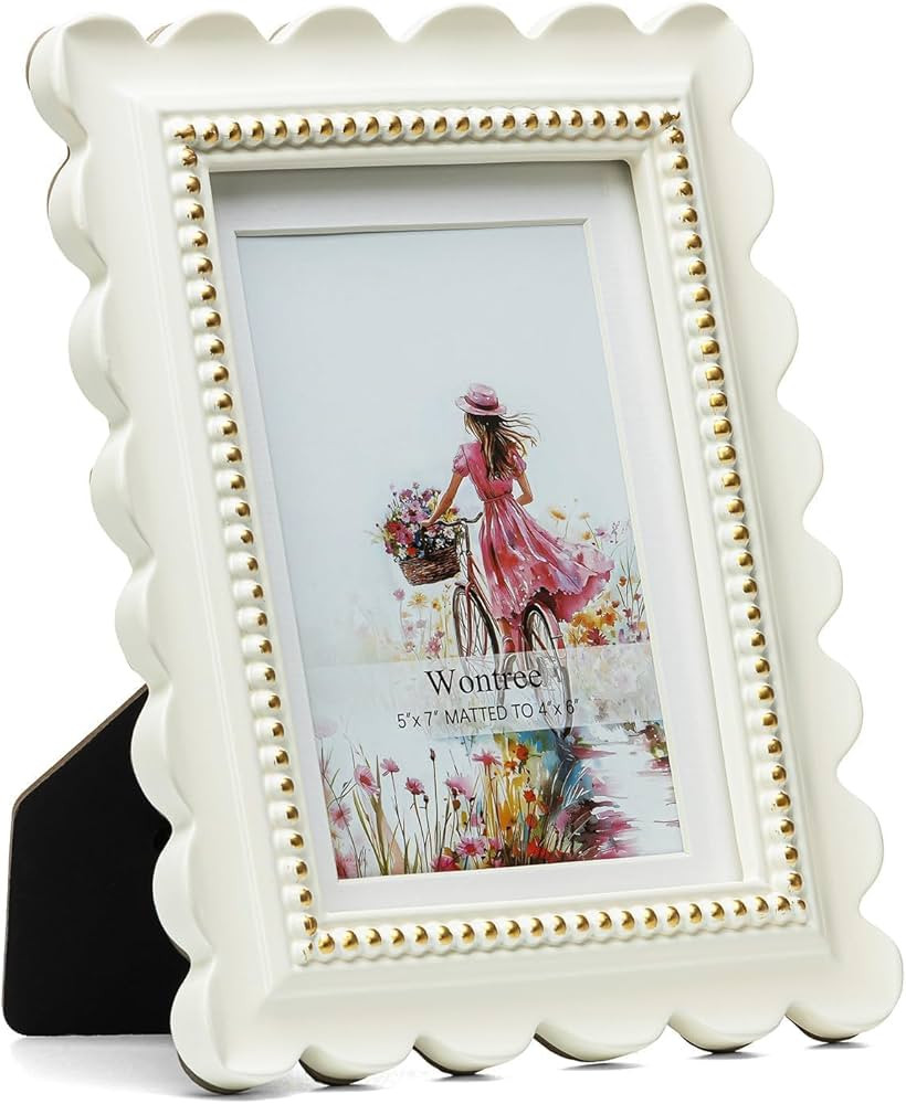 Wavy 5x7 Picture Frame White with Gold Beaded Trim, Resin Frame with Real Glass, Display 5x7 Phot... | Amazon (US)